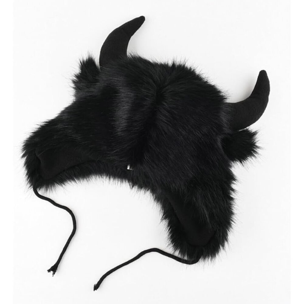 Men A-black Furry Buffalo Horn Winter Hat  Unisex Faux Fur Earflap Trooper Cap - Picture 2 of 6